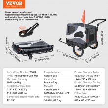 VEVOR Rimorchio Bici per Cani Pieghevole Portata 45 kg Passeggino per Animali Domestici con Ruote a Sgancio Rapido, Attacco Universale per Bici, Carrello per Bici Traino Rimorchio Animali Nero/Grigio