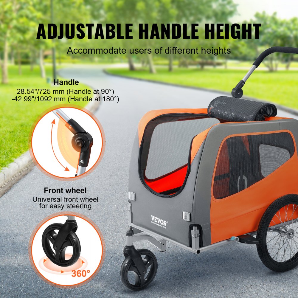 VEVOR Rimorchio Bici per Cani Pieghevole Portata max. 30kg Passeggino per Animali Domestici con Ruote a Sgancio Rapido, Attacco Universale, Carrello per Bici Traino Rimorchio Animali Arancione/Grigio
