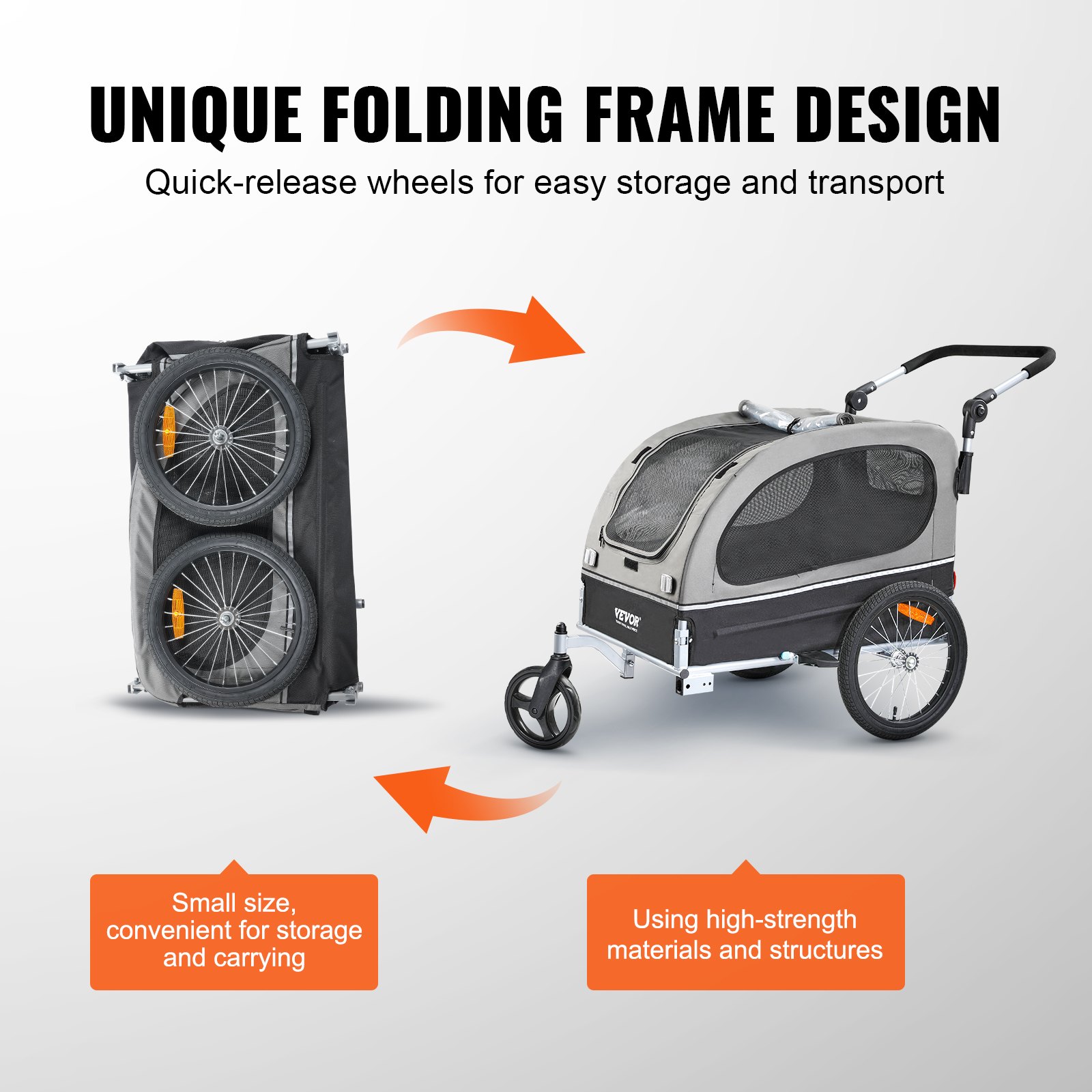VEVOR Dog Trailer 40 kg 2-in-1 Bicycle Trailer Carbon Steel + 600D Oxford Fabric + PP Foldable 1470 x 720 x 780 mm as a trailer 1530 x 720 x 825 mm as a stroller Dog Buggy Jogger Trailer