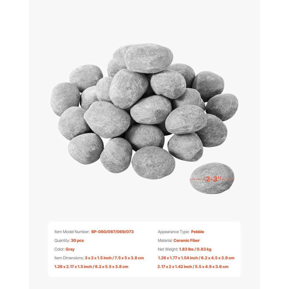 VEVOR Ceramic Fire Pebble Stones, 50.8-76.2 mm 30 Pcs Lava Rocks, Reusable Fire Pit Stones Indoor and Outdoor Use, Decorative Firepit Rocks for Propane/Gas Fireplace, Stove, Courtyard, Camping