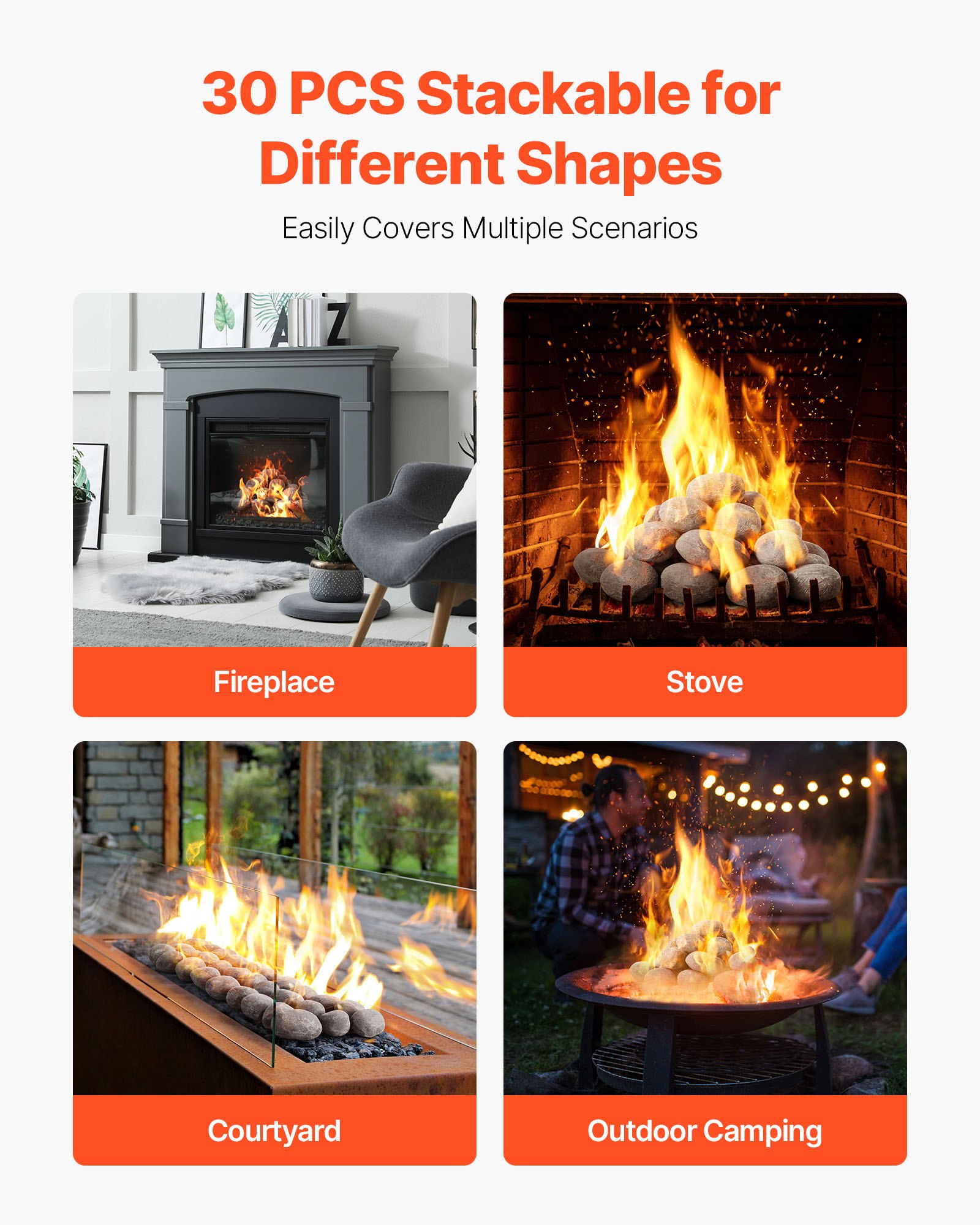 VEVOR Ceramic Fire Pebble Stones, 50.8-76.2 mm 30 Pcs Lava Rocks, Reusable Fire Pit Stones Indoor and Outdoor Use, Decorative Firepit Rocks for Propane/Gas Fireplace, Stove, Courtyard, Camping