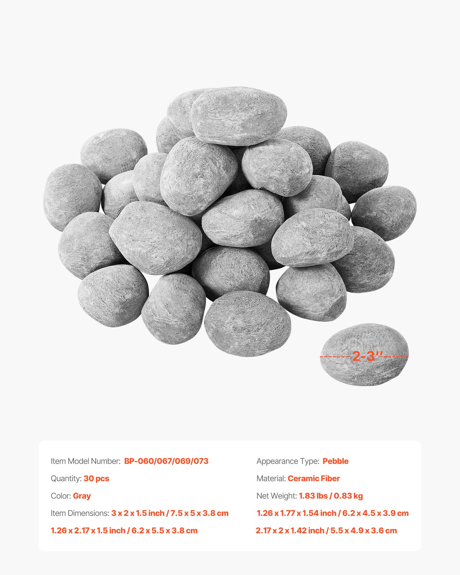 VEVOR Ceramic Fire Pebble Stones, 50.8-76.2 mm 30 Pcs Lava Rocks, Reusable Fire Pit Stones Indoor and Outdoor Use, Decorative Firepit Rocks for Propane/Gas Fireplace, Stove, Courtyard, Camping