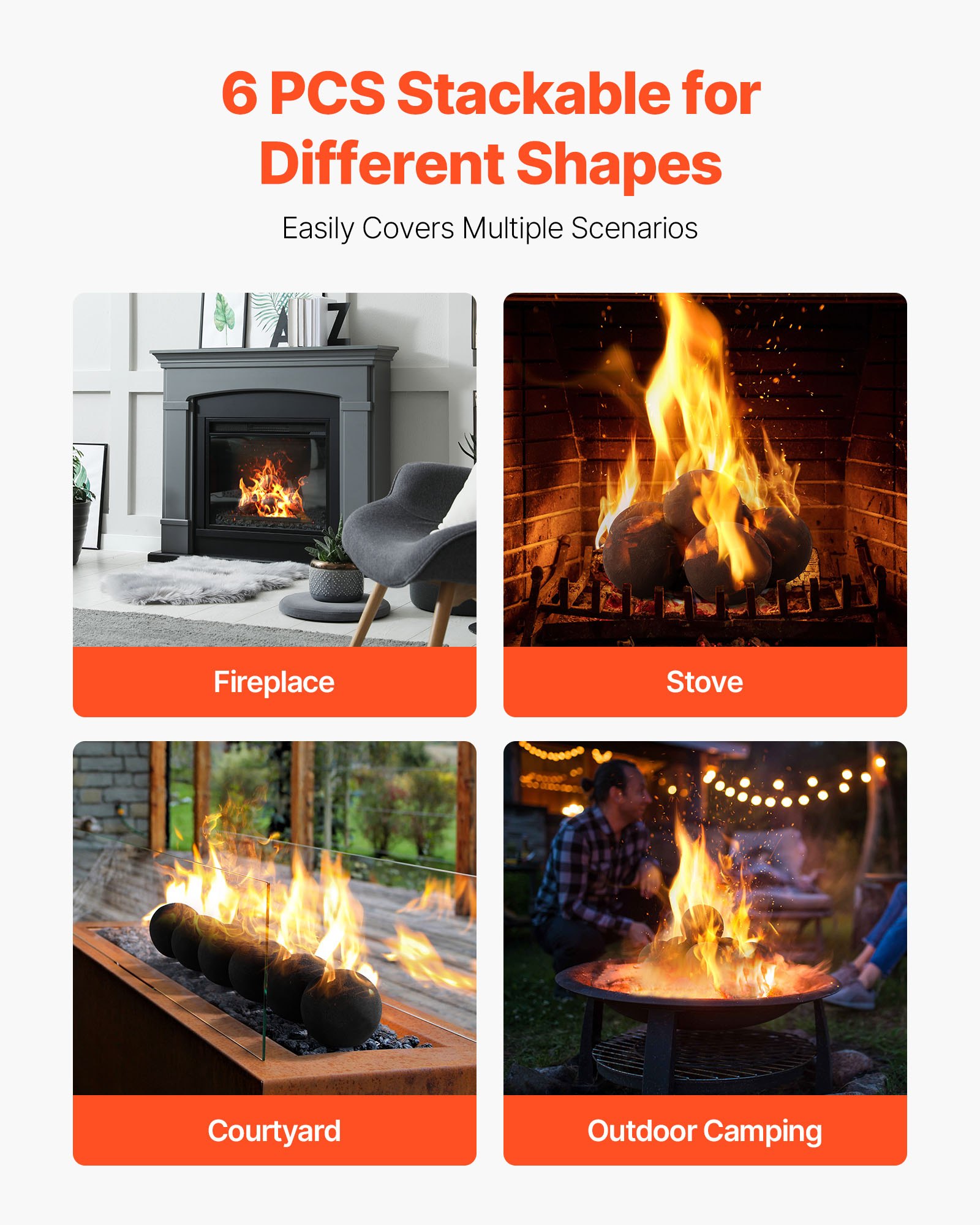 VEVOR Ceramic Fire Balls, 125 mm 6 Pcs Round Fire Stones, Reusable Lava Rocks Indoor and Outdoor Use, Decorative Fire Pit Rocks for Propane/Gas Fireplace, Stove, Courtyard, Camping, Black