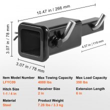 VEVOR Prolunga per Gancio di Rimorchio, Adattatore Gancio Ricevitore da 1-1/4" a 2", Lunghezza Estensione 6", Capacità di Traino di 4000 libbre, Perni di Gancio, Clip, Bullone e Dado Inclusi, Nero