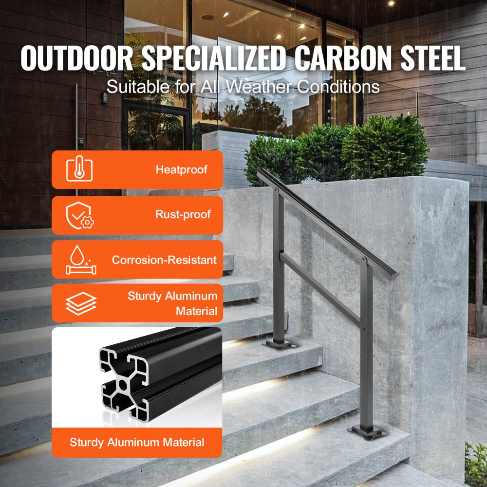 VEVOR Corrimano per Scale Gradino Esterno Installazione a Terra, Altezza  89,5 cm per Ringhiera in Alluminio Nero Passaggi da 2 a 3, Corrimano di Sicurezza Uso in Corridoio Giardino Balcone Portico