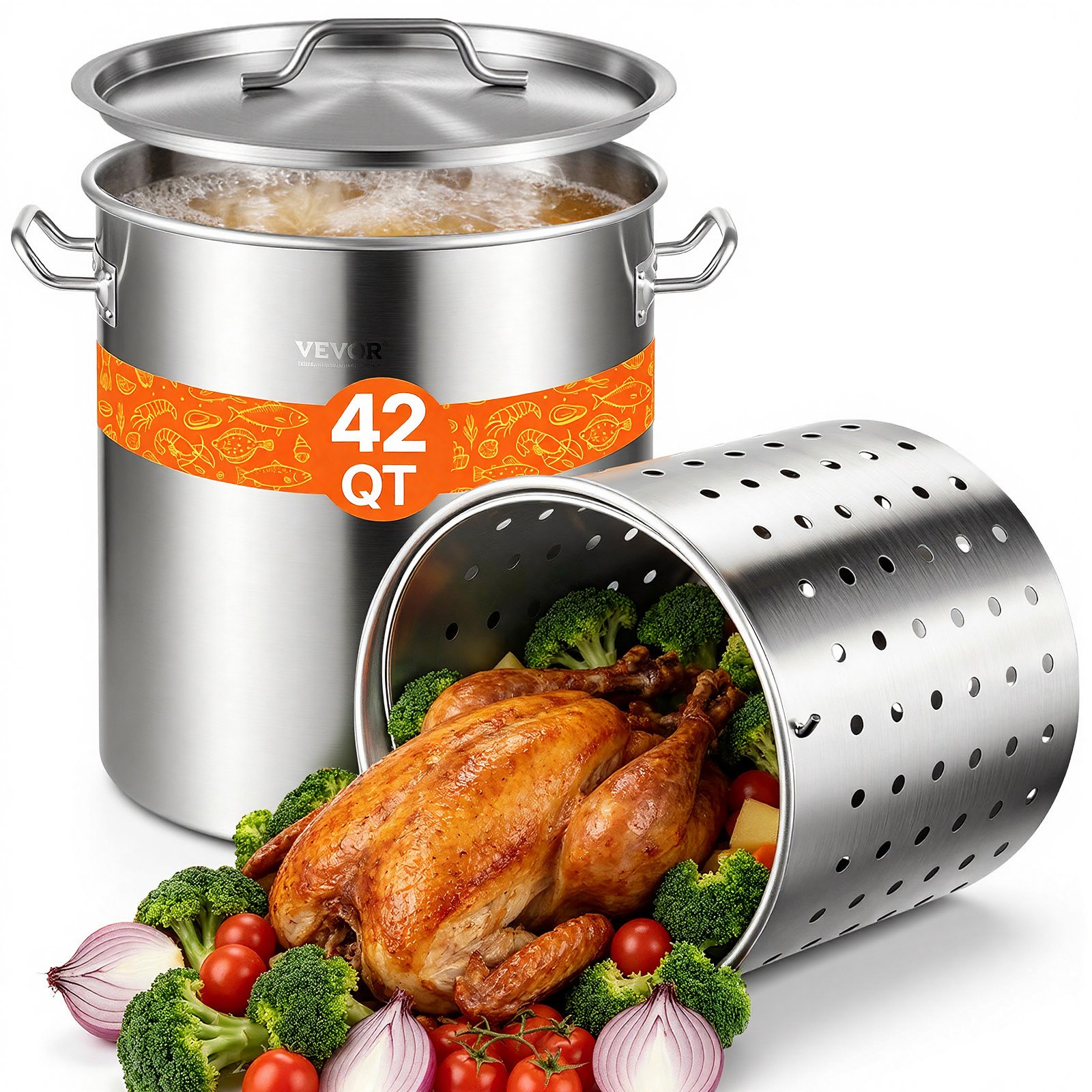 VEVOR Pentola in Acciaio Inox per Zuppa da Cucina Commerciale 39,7 L, Pentola per Salse Zuppa con Cestello Coperchio Manico, Pentola per Brodo di Cucina Commerciale per Catering Eventi Feste