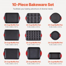 VEVOR Set 10 Teglie da Forno Antiaderenti in Acciaio al Carbonio, Teglie Vassoi da Forno Impilabili Manici in Silicone, Set di Teglie da Forno per Cucina Pasticceria Biscotti Torte Muffin, Pane, Nero