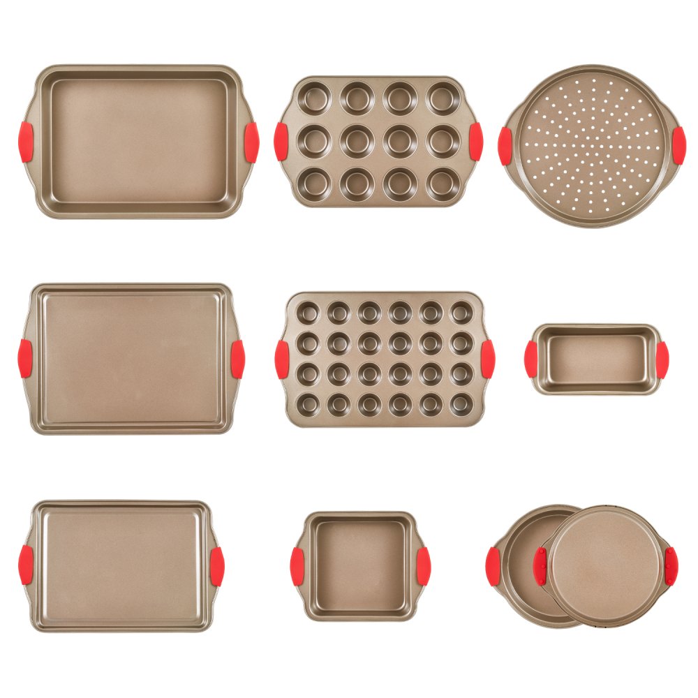 VEVOR Set 10 Teglie da Forno Antiaderenti in Acciaio al Carbonio, Teglie Vassoi da Forno Impilabili con Manici in Silicone, Set di Teglie da Forno per Cucina Pasticceria Biscotti Torte Muffin, Pane
