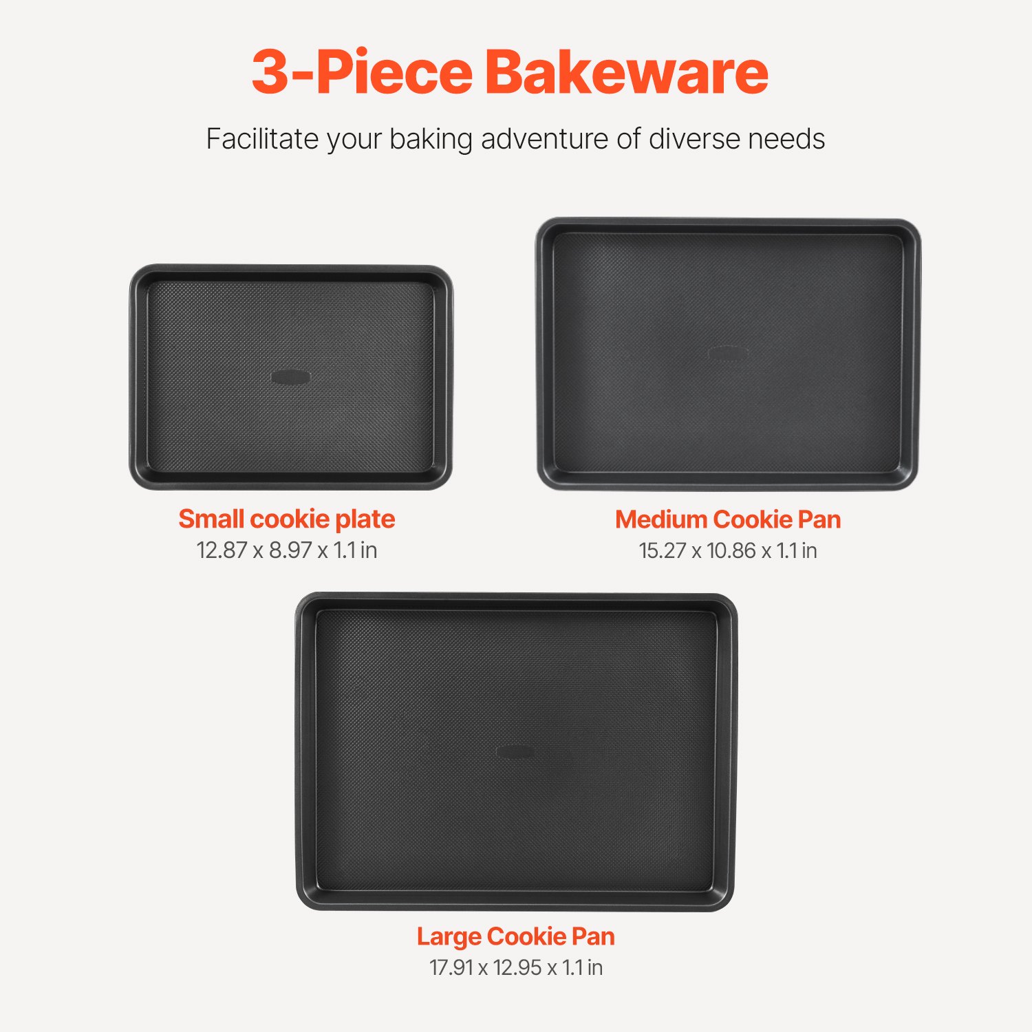 VEVOR Set di Stoviglie da Forno 3 Pezzi Piatti e Vassoi di Pentole in Acciaio al Carbonio Antiaderenti, Set da Forno da Cucina Set da Forno, per Biscotti, Torte, Muffin, Nero
