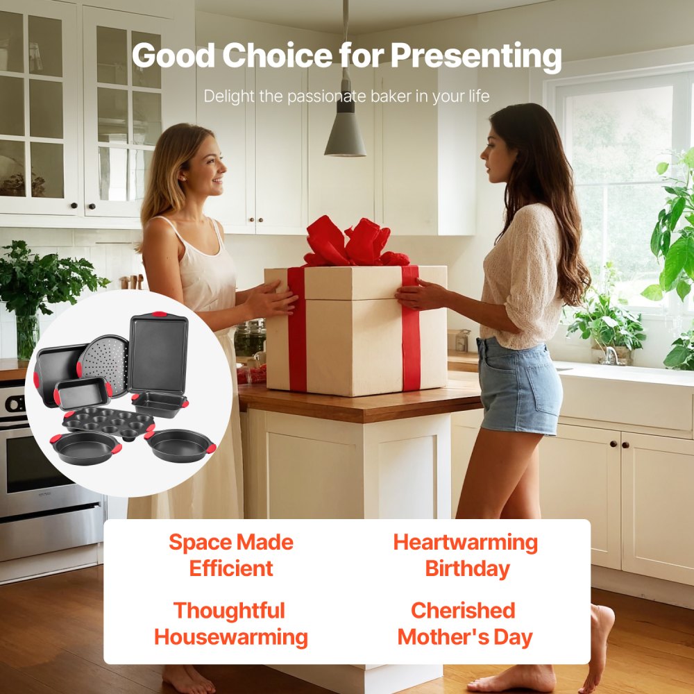 VEVOR Set di Stoviglie da Forno 8 Pezzi Piatti e Vassoi di Pentole in Acciaio al Carbonio Antiaderenti, Set da Forno da Cucina Set da Forno con Manici in Silicone, per Biscotti, Torte, Muffin, Pane