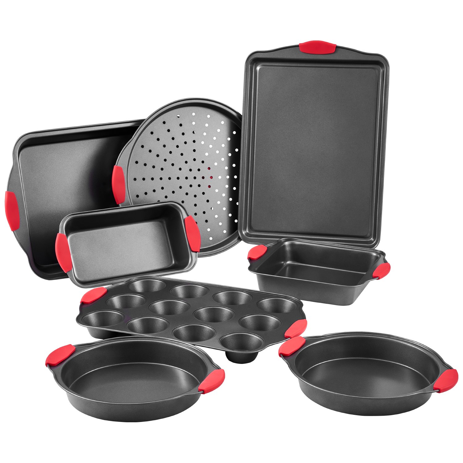 VEVOR Set di Stoviglie da Forno 8 Pezzi Piatti e Vassoi di Pentole in Acciaio al Carbonio Antiaderenti, Set da Forno da Cucina Set da Forno con Manici in Silicone, per Biscotti, Torte, Muffin, Pane