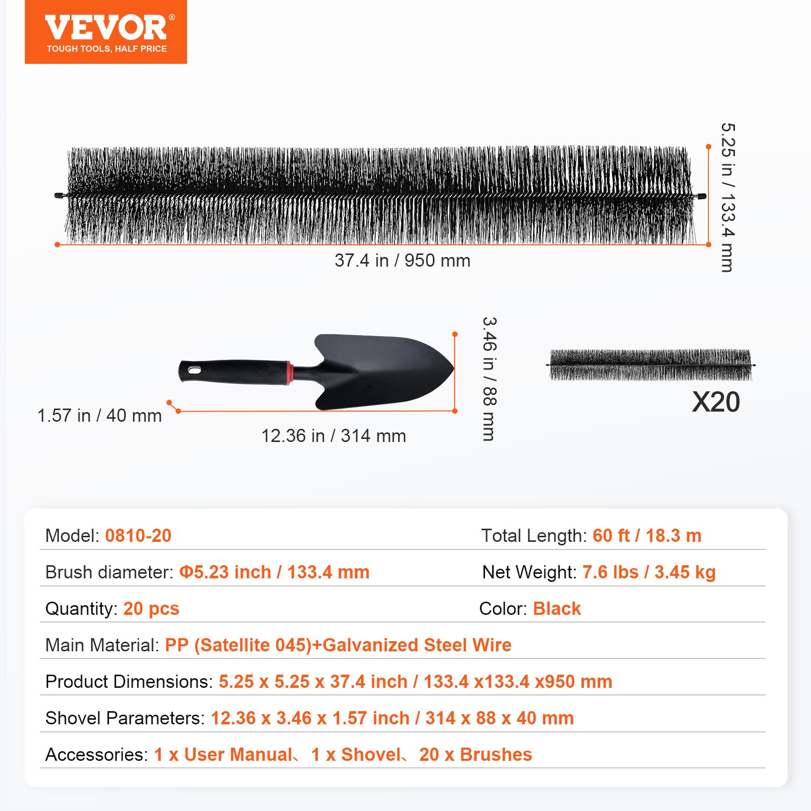 VEVOR Gutter Brush, 18 m Total Length, φ13.3 cm Diameter, Gutter Cleaning Tool, Leaf Guard for 12.7 cm Gutters, Effortlessly Removes Leaves and Debris from Roofs, Pack of 20