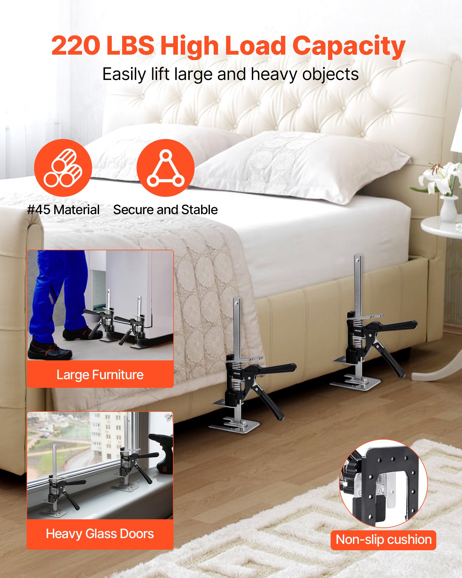 VEVOR Cric a Braccio per Risparmiare Lavoro, 2 PZ, Carico di 150 kg Cric a Braccio in Metallo con Livella Magnetica, Sollevamento Fino a 180 mm, Altezza Regolabile, per Porte, Finestre, Mobili, Nero