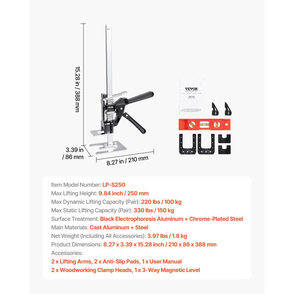 VEVOR Cric a Braccio per Risparmiare Lavoro, 2 PZ, Carico 150 kg Cric a Braccio in Metallo con Livella Magnetica, Sollevamento Fino a 250 mm Altezza Regolabile, per Porte, Finestre, Mobili, Nero