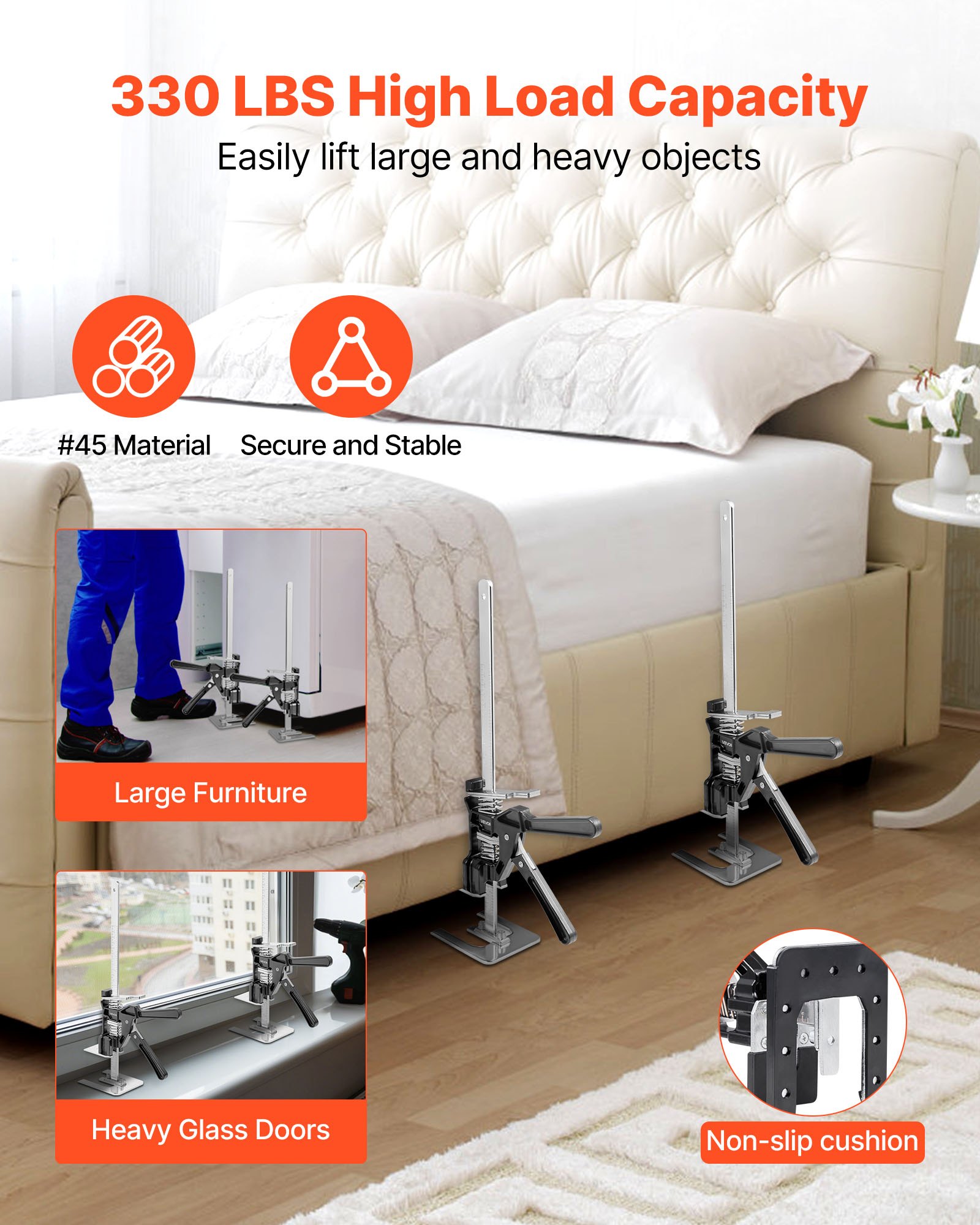 VEVOR Cric a Braccio per Risparmiare Lavoro, 2 PZ, Carico 150 kg Cric a Braccio in Metallo con Livella Magnetica, Sollevamento Fino a 250 mm Altezza Regolabile, per Porte, Finestre, Mobili, Nero