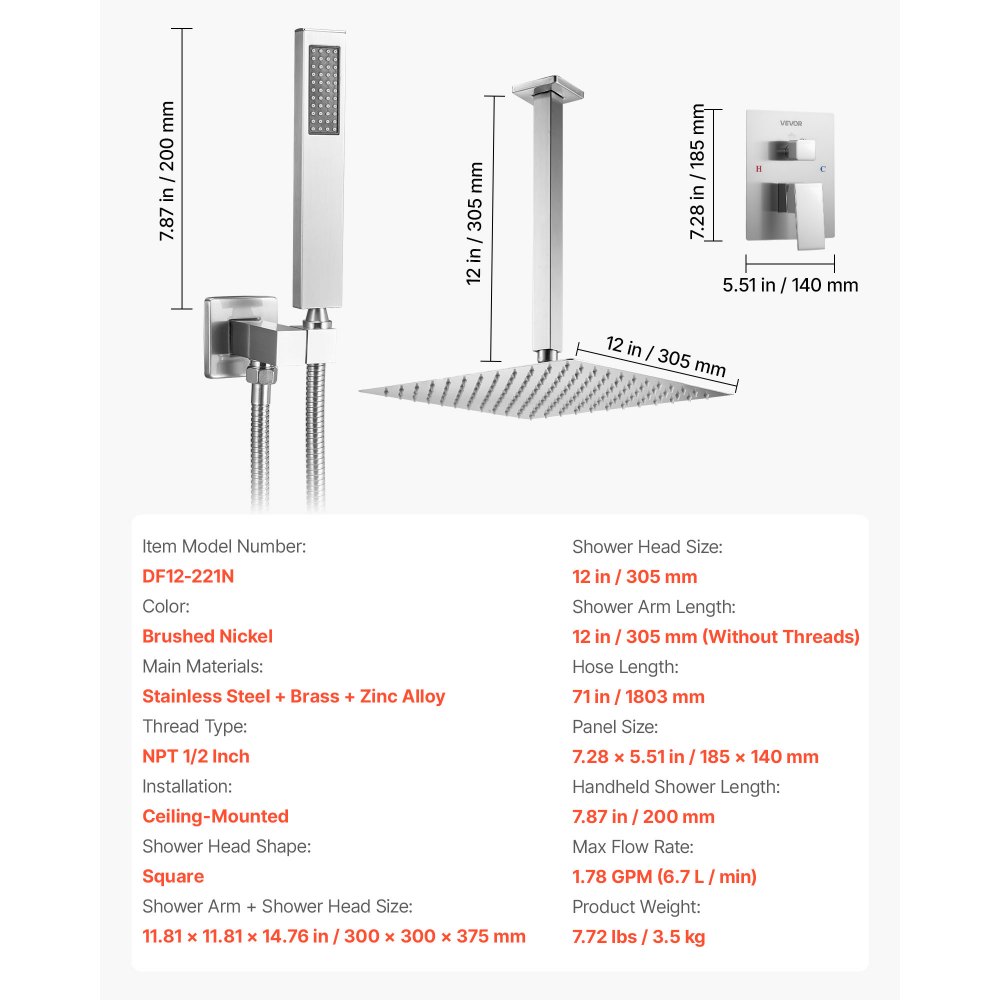 VEVOR Sistema Doccia a Pioggia per Bagno con Soffione Quadrato 305 mm e Doccetta, Set di Rubinetti da Doccia a Soffitto, con Valvola in Ottone e Kit di Finitura, Rubinetto Doccia, Nichel Spazzolato