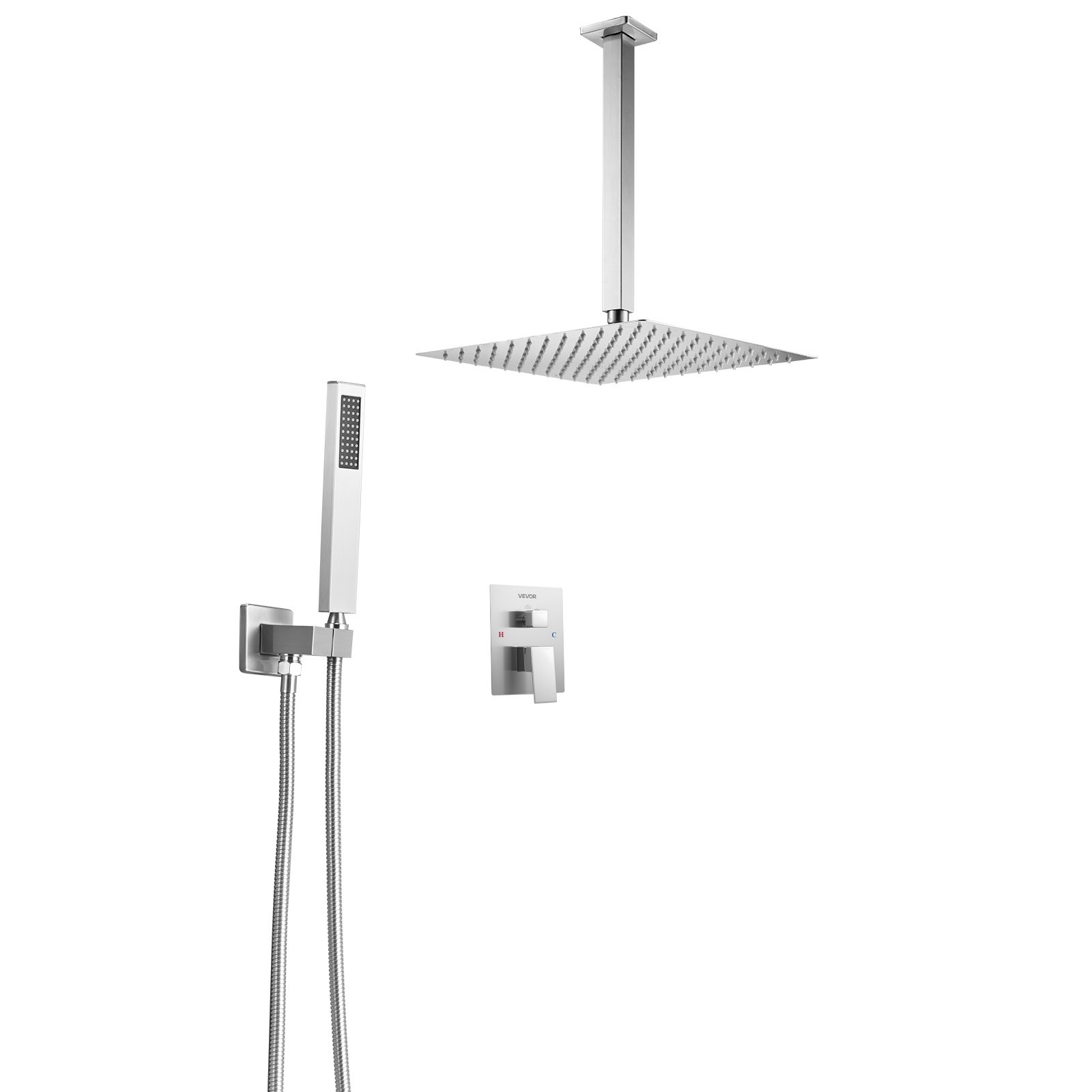 VEVOR Sistema Doccia a Pioggia per Bagno con Soffione Quadrato 305 mm e Doccetta, Set di Rubinetti da Doccia a Soffitto, con Valvola in Ottone e Kit di Finitura, Rubinetto Doccia, Nichel Spazzolato