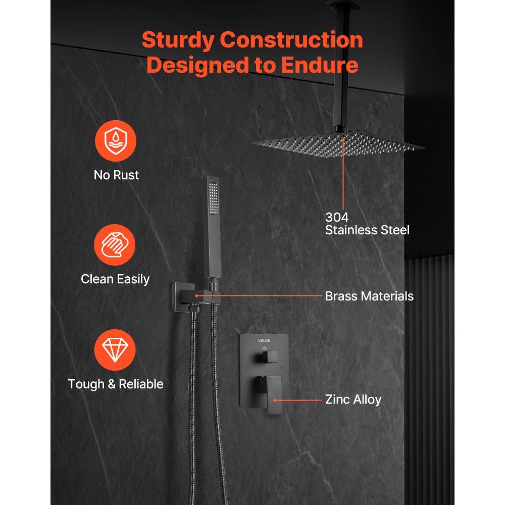 VEVOR Sistema Doccia a Pioggia per Bagno con Soffione Quadrato 305 mm e Doccetta, Set di Rubinetti da Doccia a Soffitto, con Valvola in Ottone e Kit di Finitura, Rubinetto Doccia, Nero Opaco