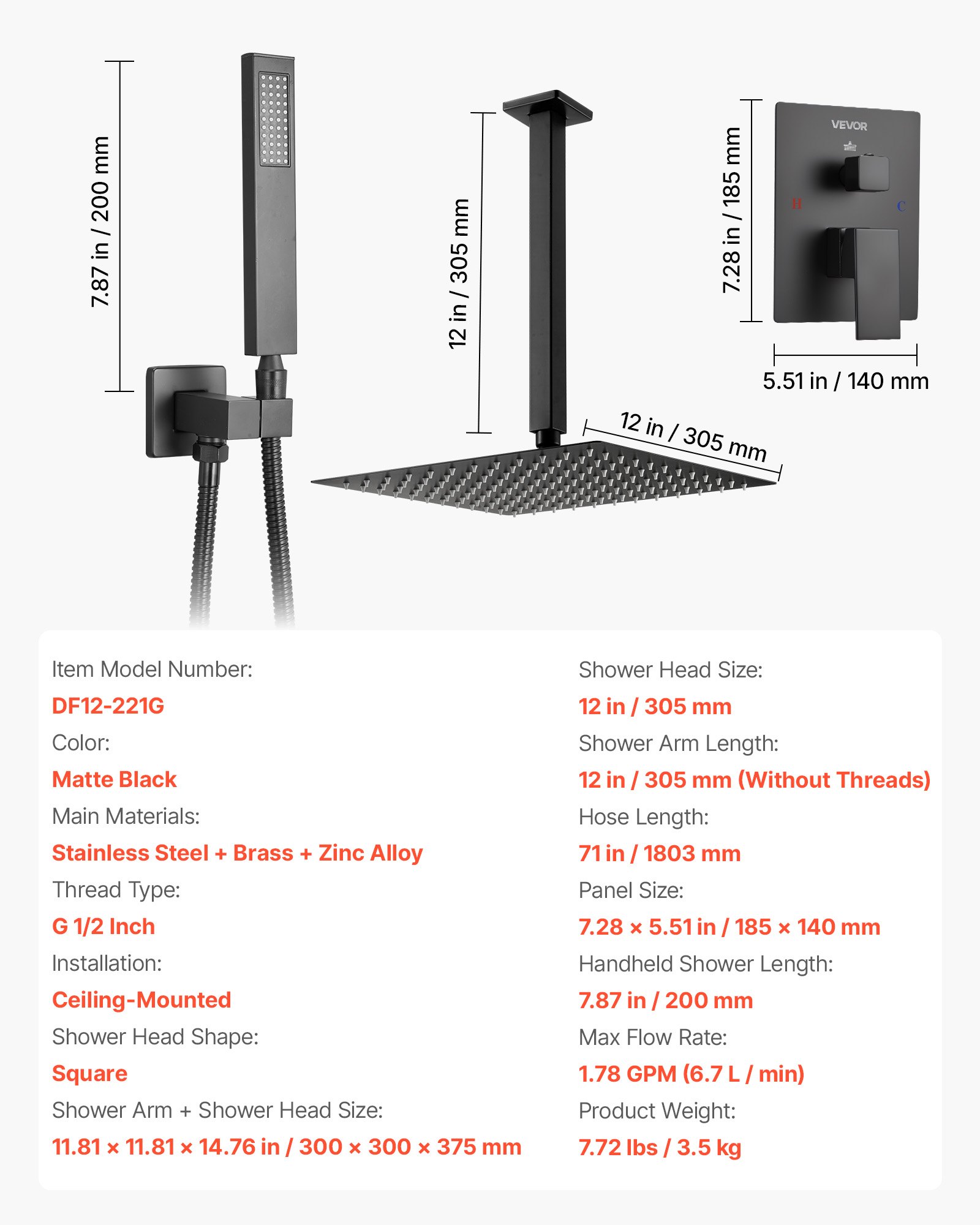 VEVOR Sistema Doccia a Pioggia per Bagno con Soffione Quadrato 305 mm e Doccetta, Set di Rubinetti da Doccia a Soffitto, con Valvola in Ottone e Kit di Finitura, Rubinetto Doccia, Nero Opaco