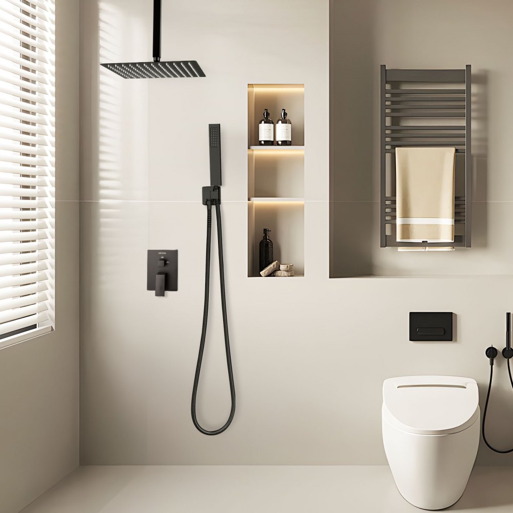 VEVOR Shower Faucet Set, Rainfall Bathroom Shower System with 10-Inch (25.4cm) Square Rain Shower Head and Handheld Spray, Ceiling Mount Bath Fixtures with Brass Valve and Trim Kit, Matte Black