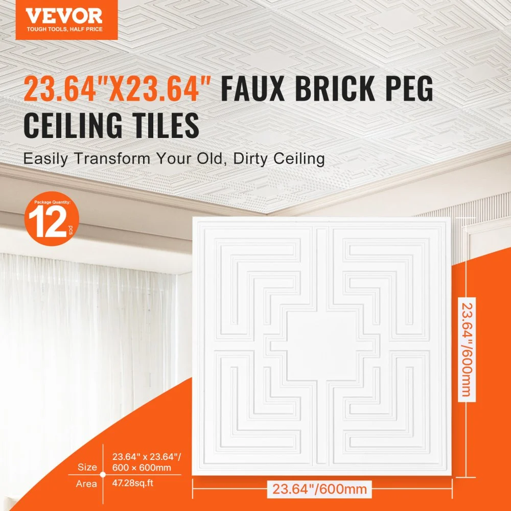 VEVOR Ceiling Tiles, 12-Pack 24 x 24 Inch, Suspended Ceiling Tiles Made of High-Quality PVC Sheet, Easy Installation/Cutting, Adhesive Plastic Ceiling Tiles, Ceiling Cladding for Home/Office Decoration, White Echo Pattern