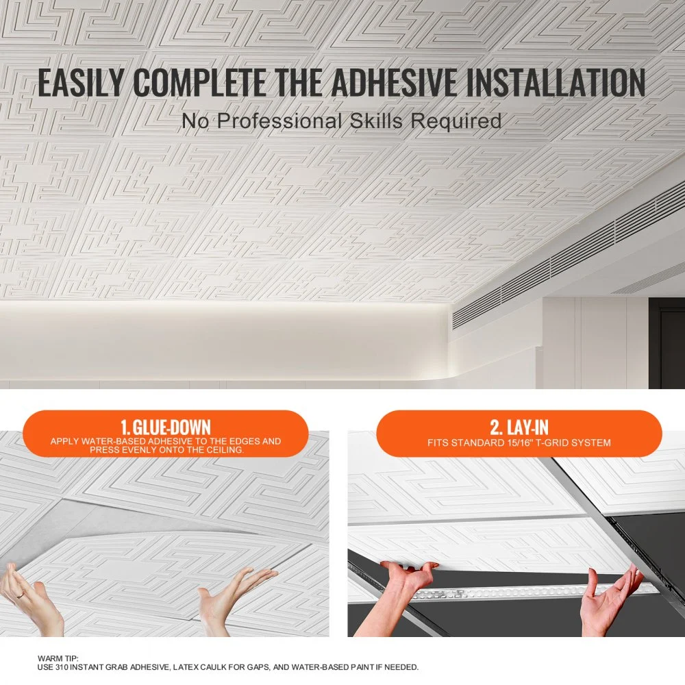 VEVOR Ceiling Tiles, 12-Pack 24 x 24 Inch, Suspended Ceiling Tiles Made of High-Quality PVC Sheet, Easy Installation/Cutting, Adhesive Plastic Ceiling Tiles, Ceiling Cladding for Home/Office Decoration, White Echo Pattern