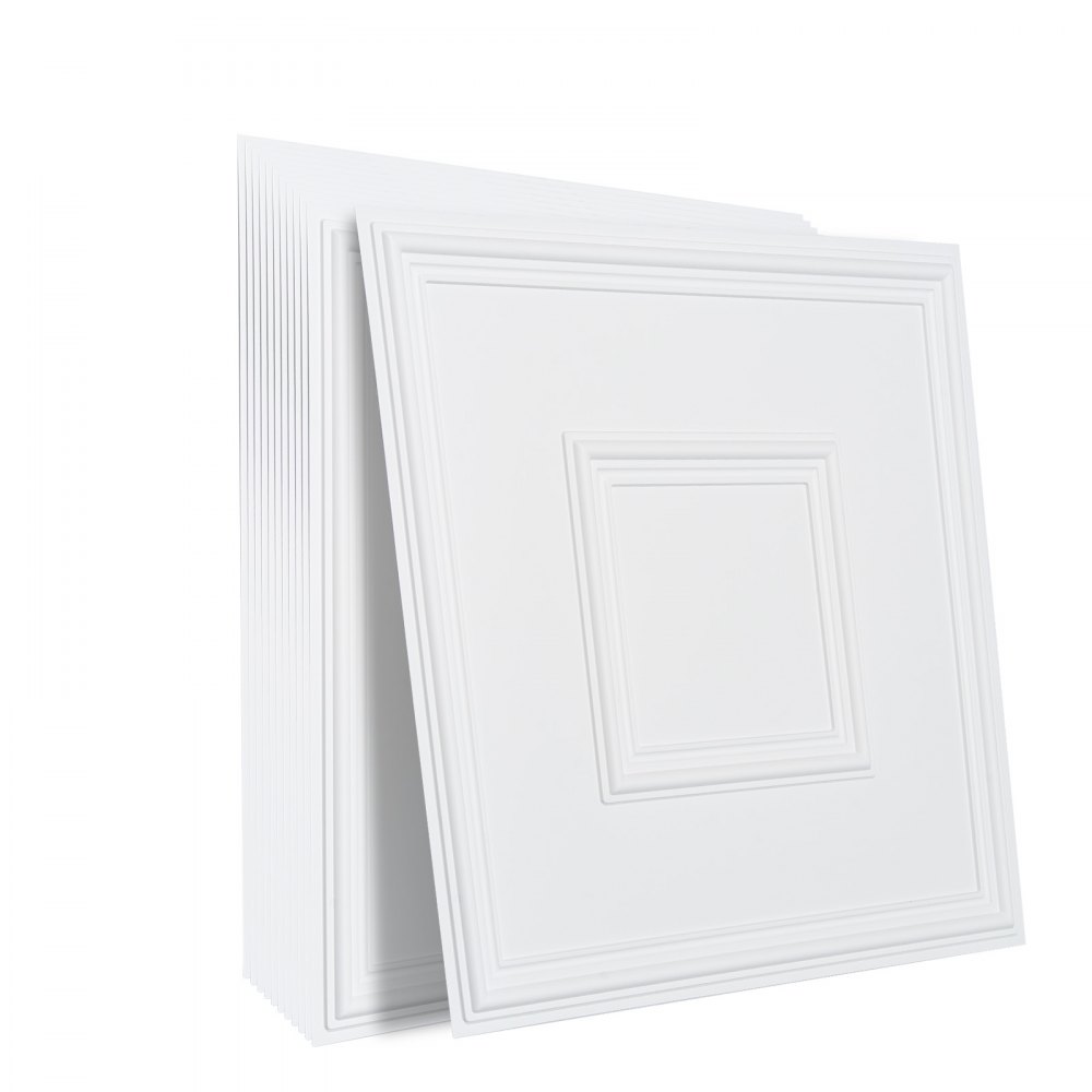 VEVOR Pannelli per Controsoffitto 605 x 605 mm Pannello per Soffitto, Confezione da 12, Facile Installazione/Taglio, Pannelli per Soffitto in Plastica Adesivi, Decorazione di Casa, Bianco Geometrico