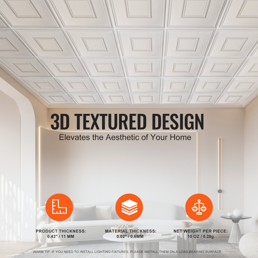 VEVOR Pannelli per Controsoffitto 605 x 605 mm Pannello per Soffitto, Confezione da 12, Facile Installazione/Taglio, Pannelli per Soffitto in Plastica Adesivi, Decorazione di Casa, Bianco Geometrico