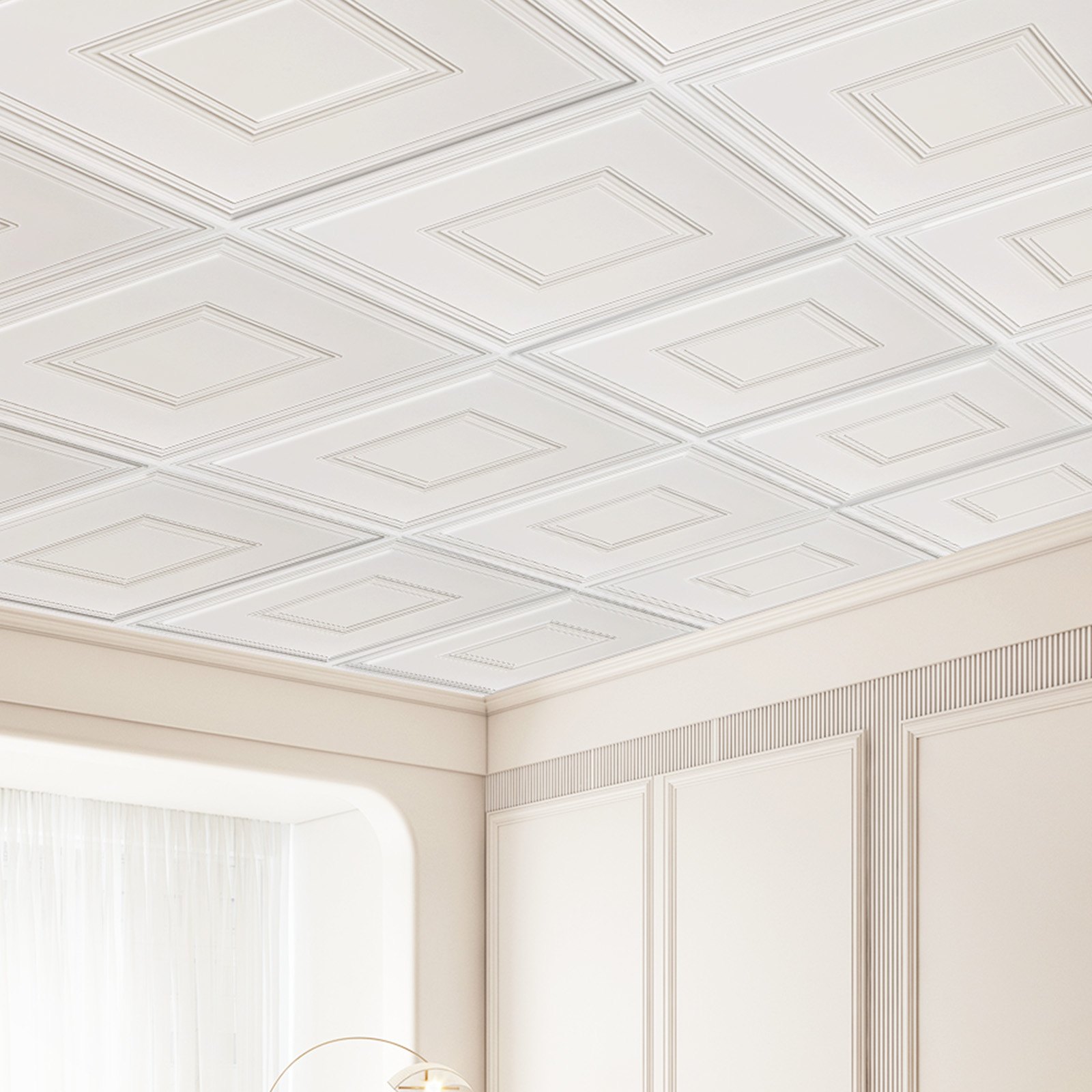 VEVOR Pannelli per Controsoffitto 605 x 605 mm Pannello per Soffitto, Confezione da 12, Facile Installazione/Taglio, Pannelli per Soffitto in Plastica Adesivi, Decorazione di Casa, Bianco Geometrico