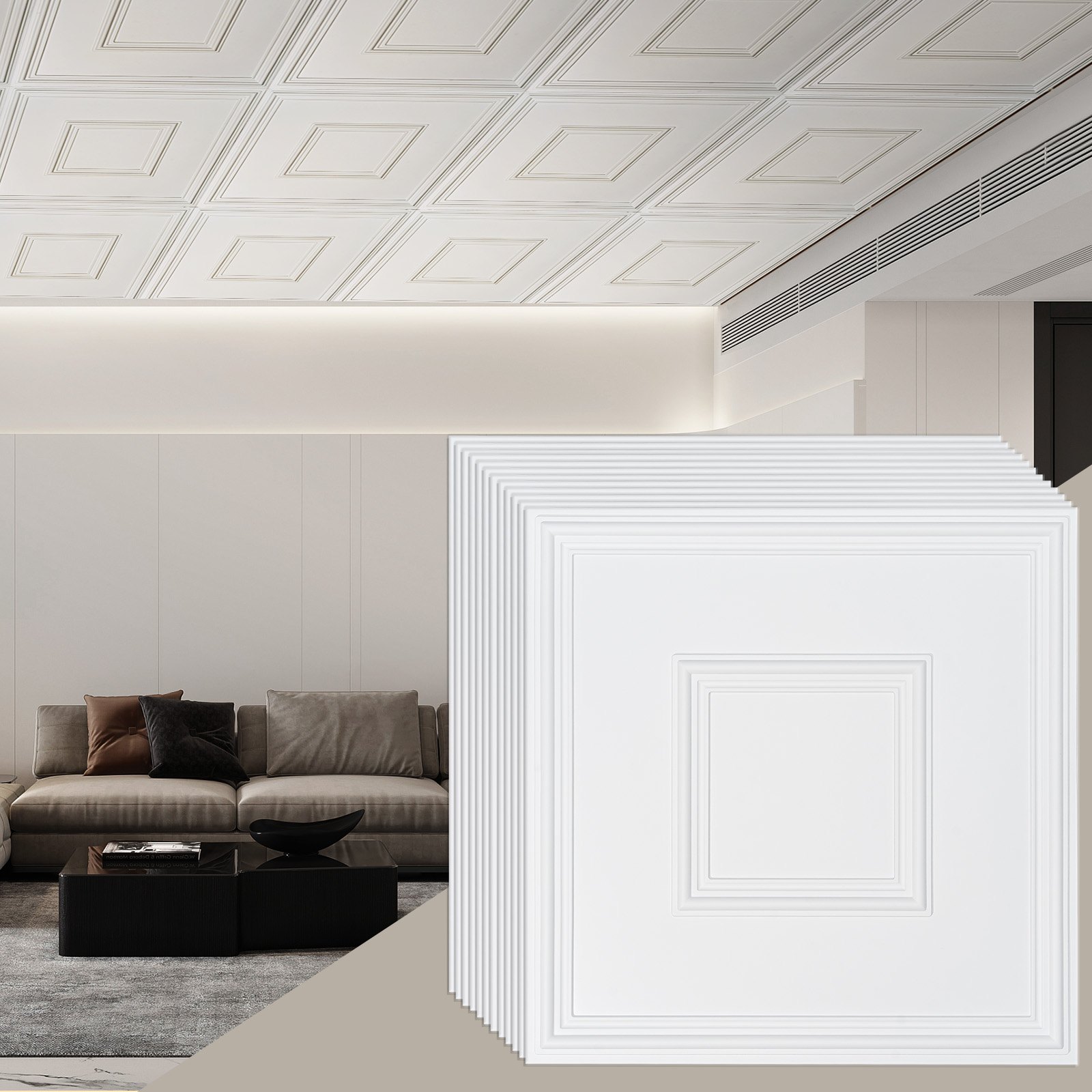 VEVOR Pannelli per Controsoffitto 605 x 605 mm Pannello per Soffitto, Confezione da 12, Facile Installazione/Taglio, Pannelli per Soffitto in Plastica Adesivi, Decorazione di Casa, Bianco Geometrico