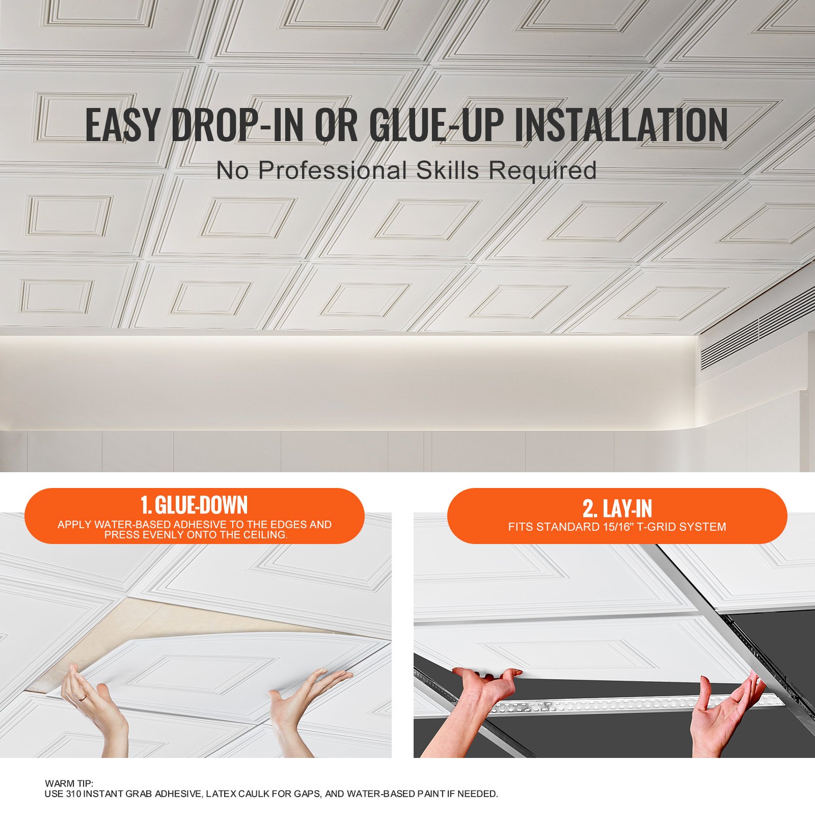 VEVOR Pannelli per Controsoffitto 605 x 605 mm Pannello per Soffitto, Confezione da 12, Facile Installazione/Taglio, Pannelli per Soffitto in Plastica Adesivi, Decorazione di Casa, Bianco Geometrico