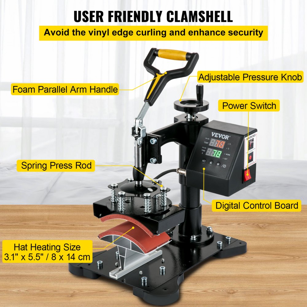 Vevor 3.1" X 5.5" Cap Heat Press Machine Cappelli Clamshell Durable Pattern