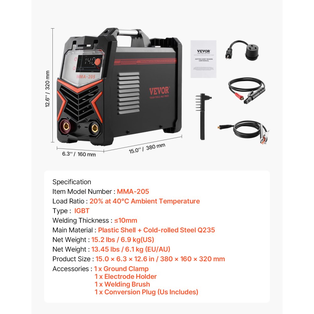 VEVOR Saldatrice TIG da 205 A con Ampio Display LED Lift TIG/MMA (Stick), Saldatrice Elettrica a Doppia Tensione 110 e 220 V, con Inverter IGBT, Avviamento a Caldo, Forza dell'Arco