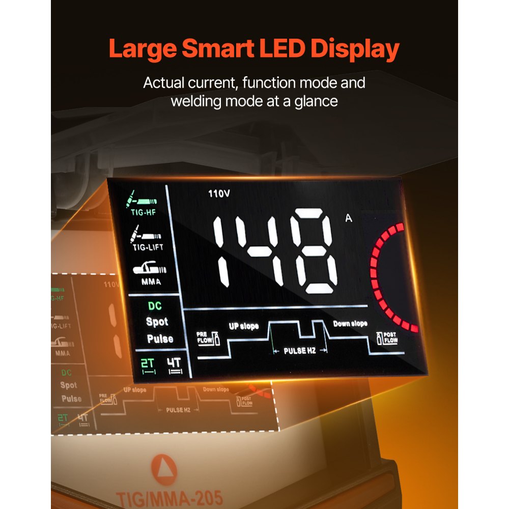VEVOR Saldatrice TIG da 205 A e Ampio Display LED - TIG CC/TIG a Impulsi CC/MMA (Stick), Saldatrice Elettrica a Doppia Tensione 110 e 220 V con Avviamento ad Alta Frequenza dell'Inverter IGBT