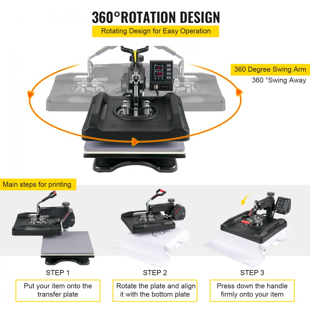 VEVOR 1200W Heat Press 8 IN 1 T-Shirt Press, 38 x 38cm Black Transfer Press, Hot Press for Applying Letters, Numbers and Patterns to Caps, T-Shirts, Mugs, Plates 51 x 40 x 47cm