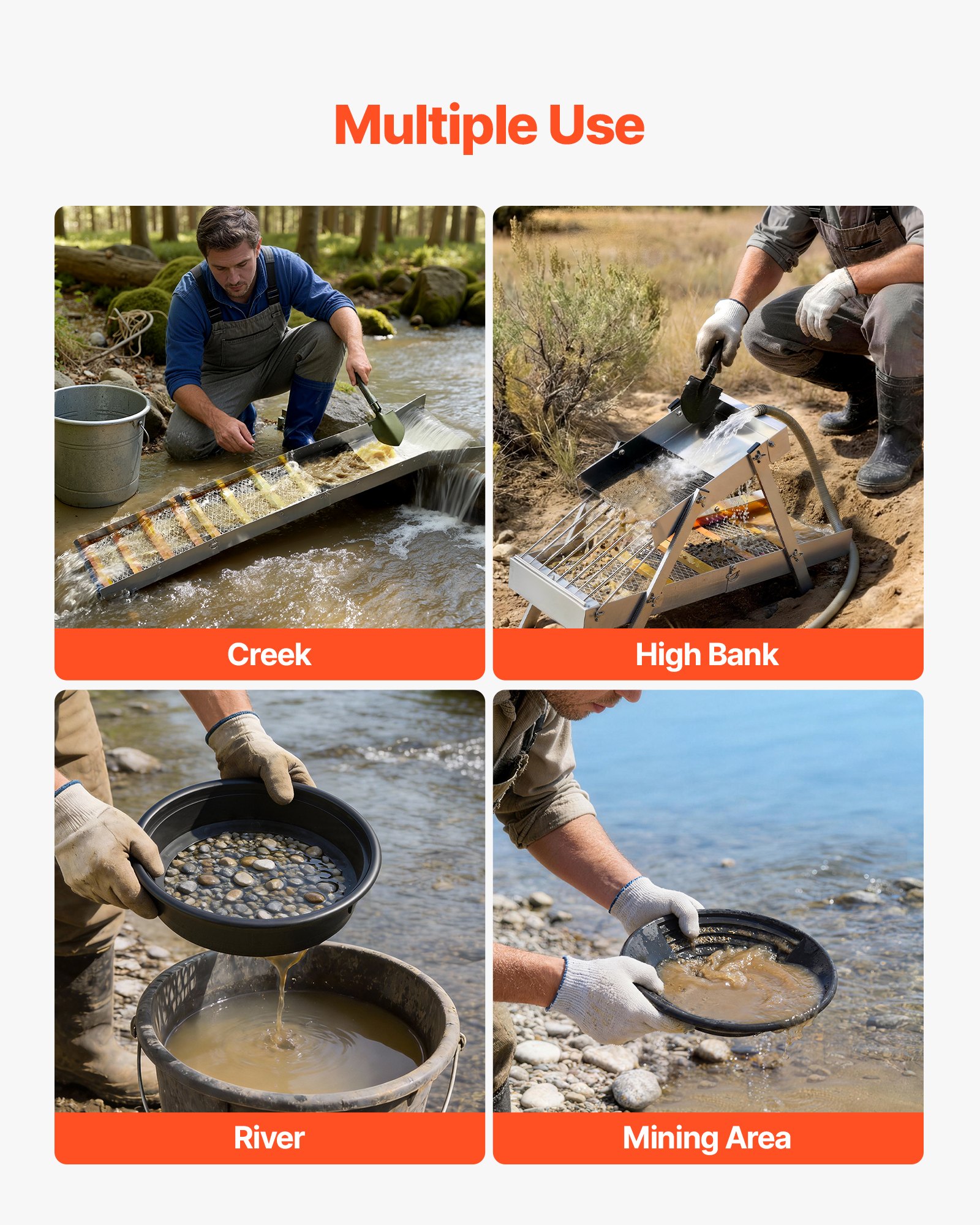 VEVOR Kit per Ricerca dell'Oro Highbanker Pieghevole 3 in 1 da 1270mm, Kit di Prospezione Classificazione Oro Attrezzature Minerarie Portatili da 26pz con Setacci Oro Magneti Zaino e Altri Accessori
