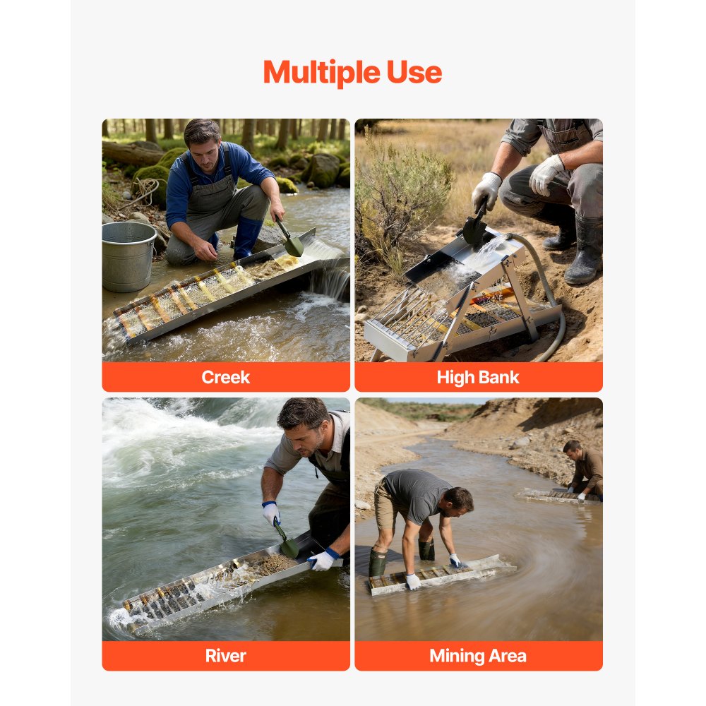 VEVOR Kit di Prospezione per Oro 1270mm 2 in 1 Pieghevole, Attrezzatura Mineraria Portatile in Lega Alluminio con Zaino Coulisse e Guanti, High Banker Gold Sluice Canaletta per Ricerca Oro in Acqua