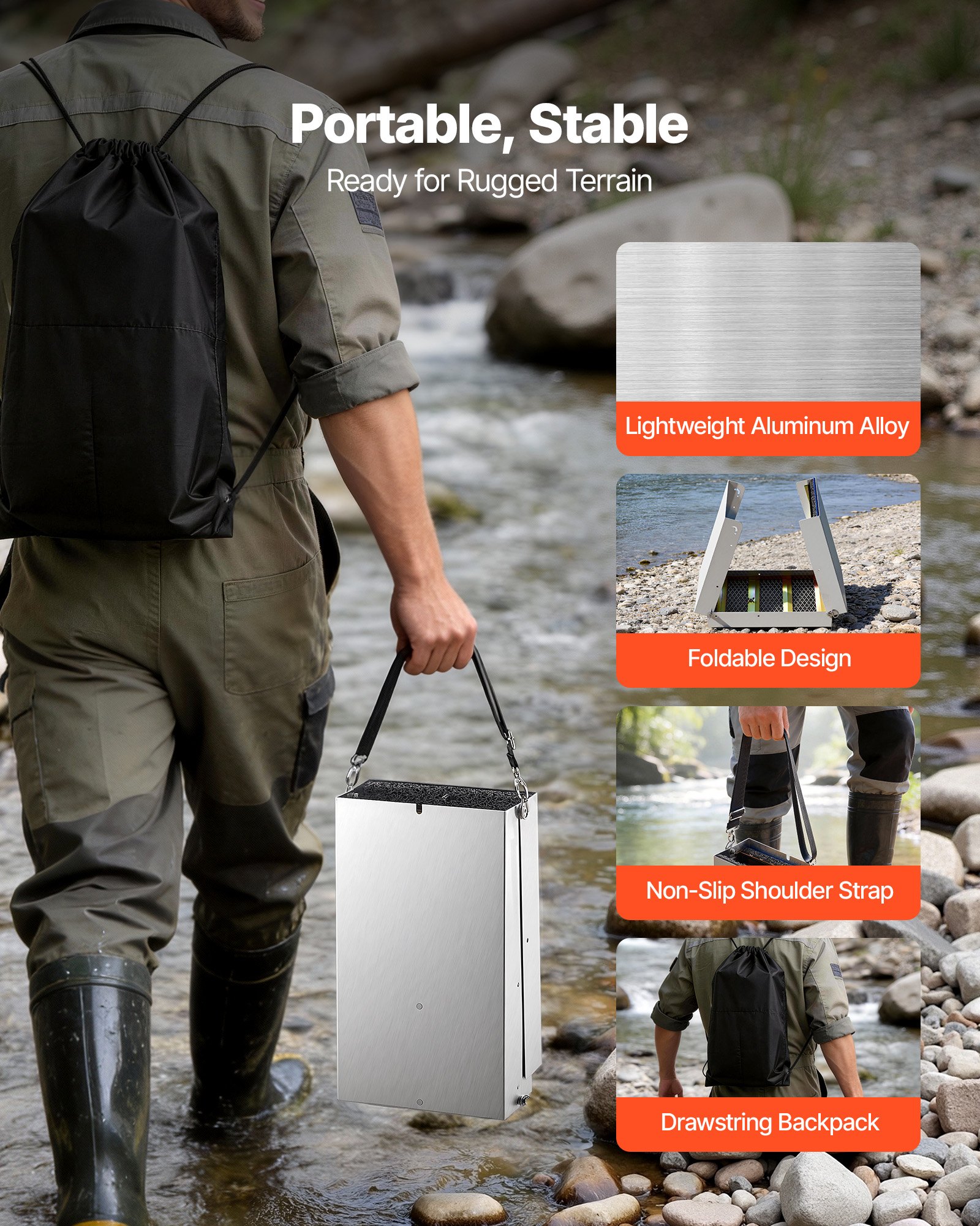 VEVOR Kit di Prospezione per Oro 1270mm 2 in 1 Pieghevole, Attrezzatura Mineraria Portatile in Lega Alluminio con Zaino Coulisse e Guanti, High Banker Gold Sluice Canaletta per Ricerca Oro in Acqua