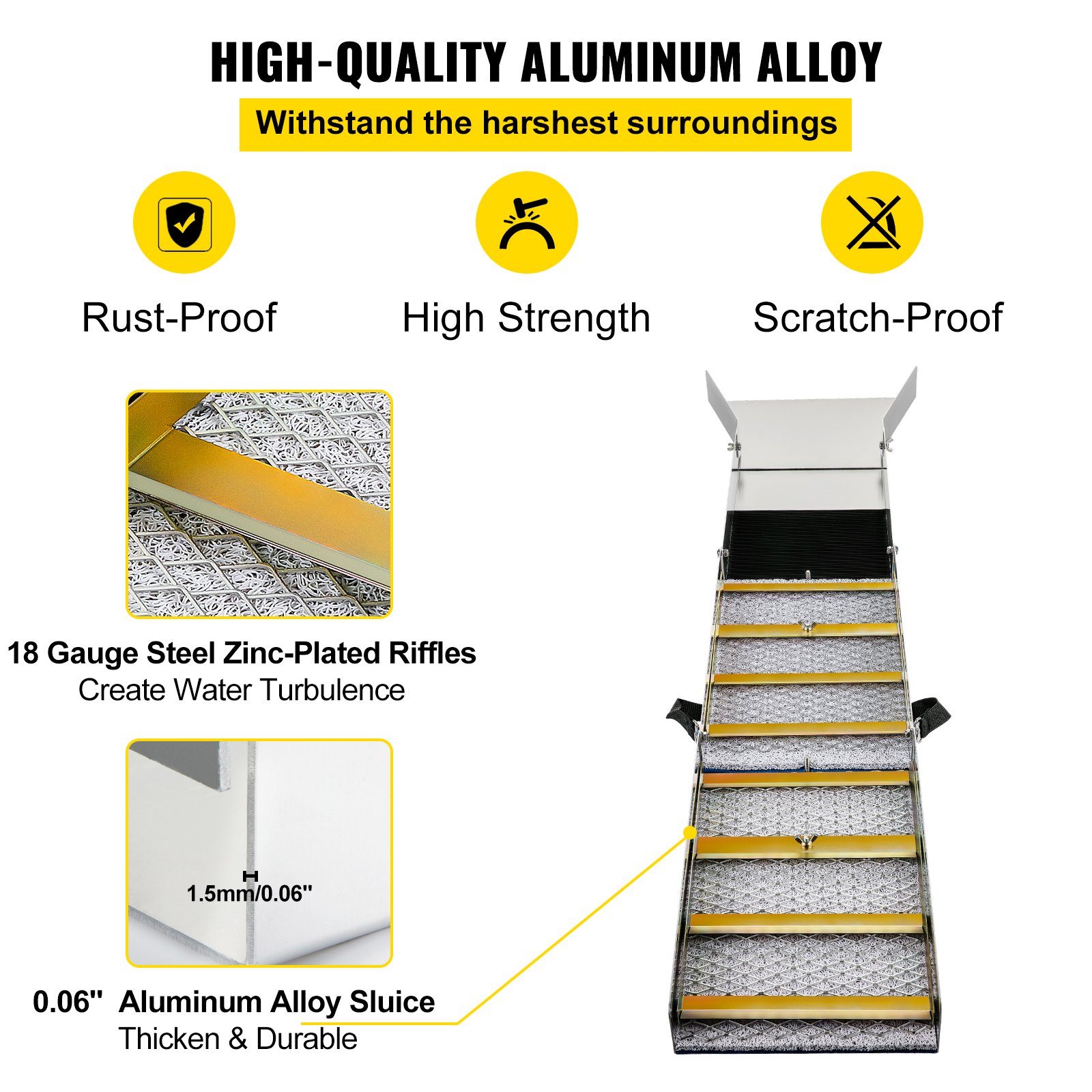 VEVOR Kit per Ricerca d'Oro Lavaggio d'Oro Pieghevole in Lega di Alluminio da50", Attrezzatura Leggera per Ricerca d'Oro, con Muschio del Minatore, Fiume, Ricerca dell'Oro