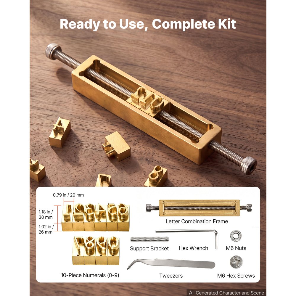 VEVOR Set di Fustelle 10 Numeri Flessibili in Ottone per Stampa a Caldo, Compatibili con Macchina VEVOR, da 0 a 9, con Scanalatura a T, Completo di Telaio Chiave Esagonale Dadi Viti Staffa Pinzette