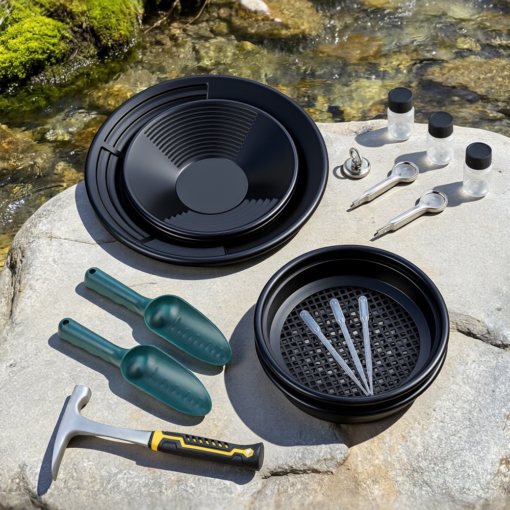 VEVOR Kit per Ricerca Oro, Vaschette da 254mm e 355mm, Kit Portatile per Prospezione 19 Pz con Setacci Classificatori, Magnete per Sabbia Piccone per Rocce Palette Zaino Accessori, per Estrazione Oro