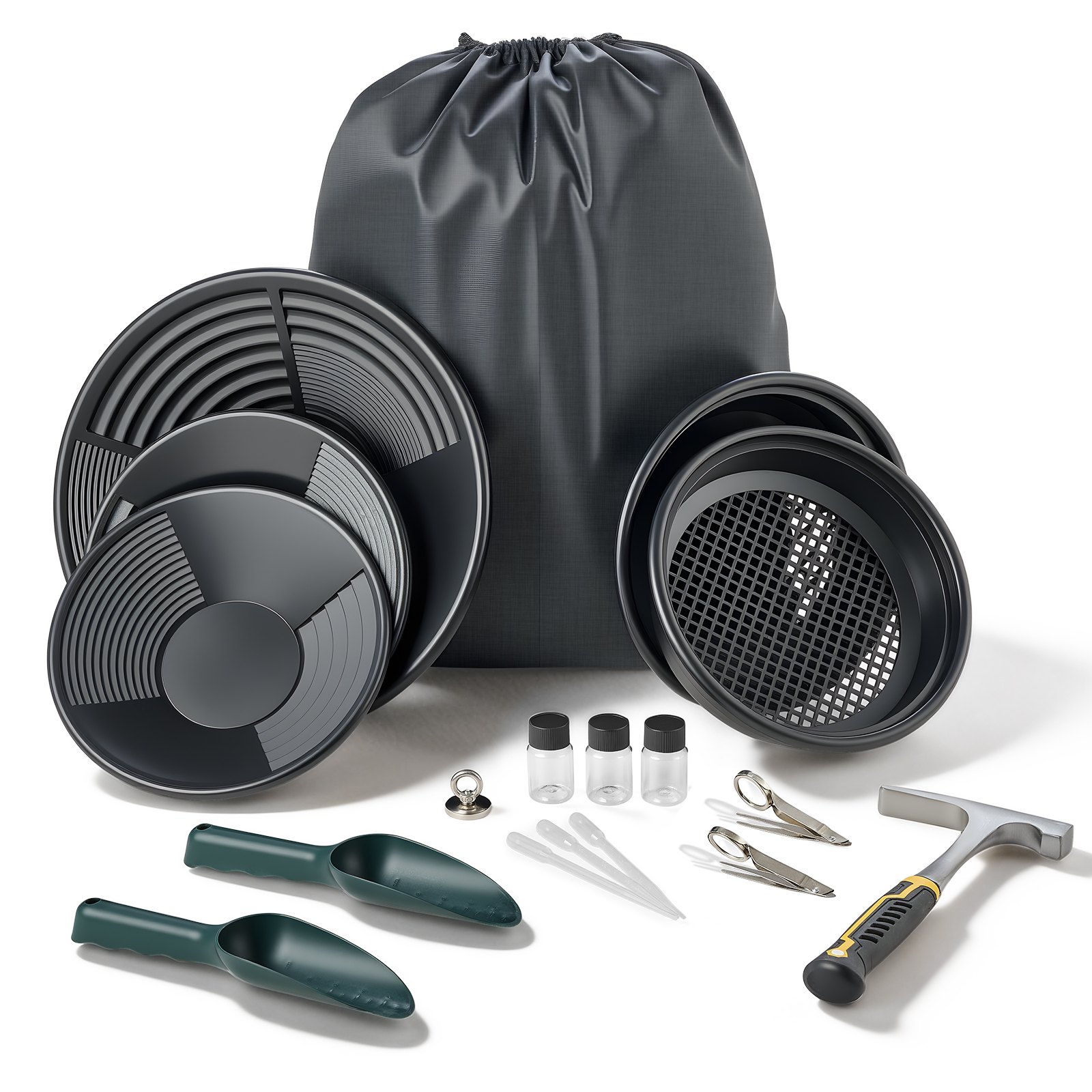 VEVOR Kit per Ricerca Oro, Vaschette da 254mm e 355mm, Kit Portatile per Prospezione 19 Pz con Setacci Classificatori, Magnete per Sabbia Piccone per Rocce Palette Zaino Accessori, per Estrazione Oro
