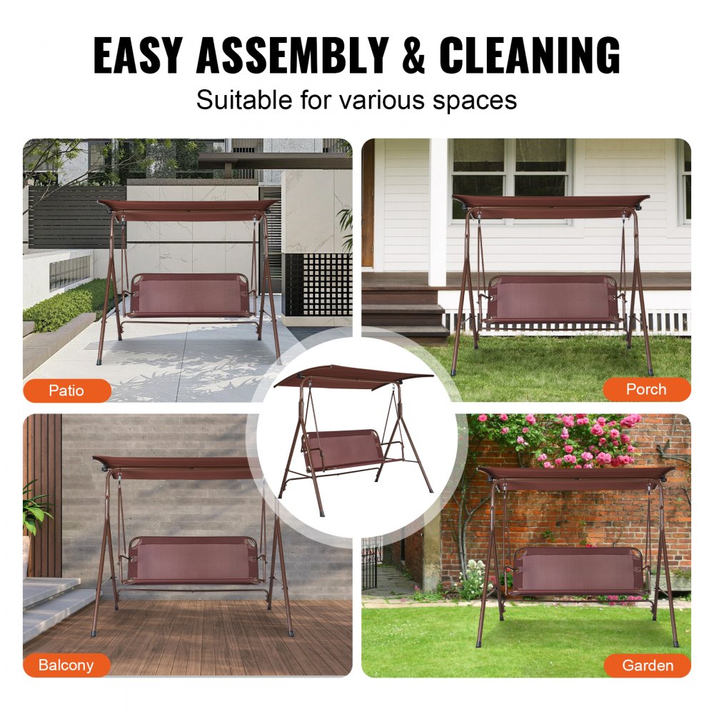 VEVOR 3-Person Patio Swing, Outdoor Swing with Adjustable Canopy, Armrests, Teslin Fabric and Alloy Steel Frame for Balcony, Backyard, Garden, Poolside, Brown