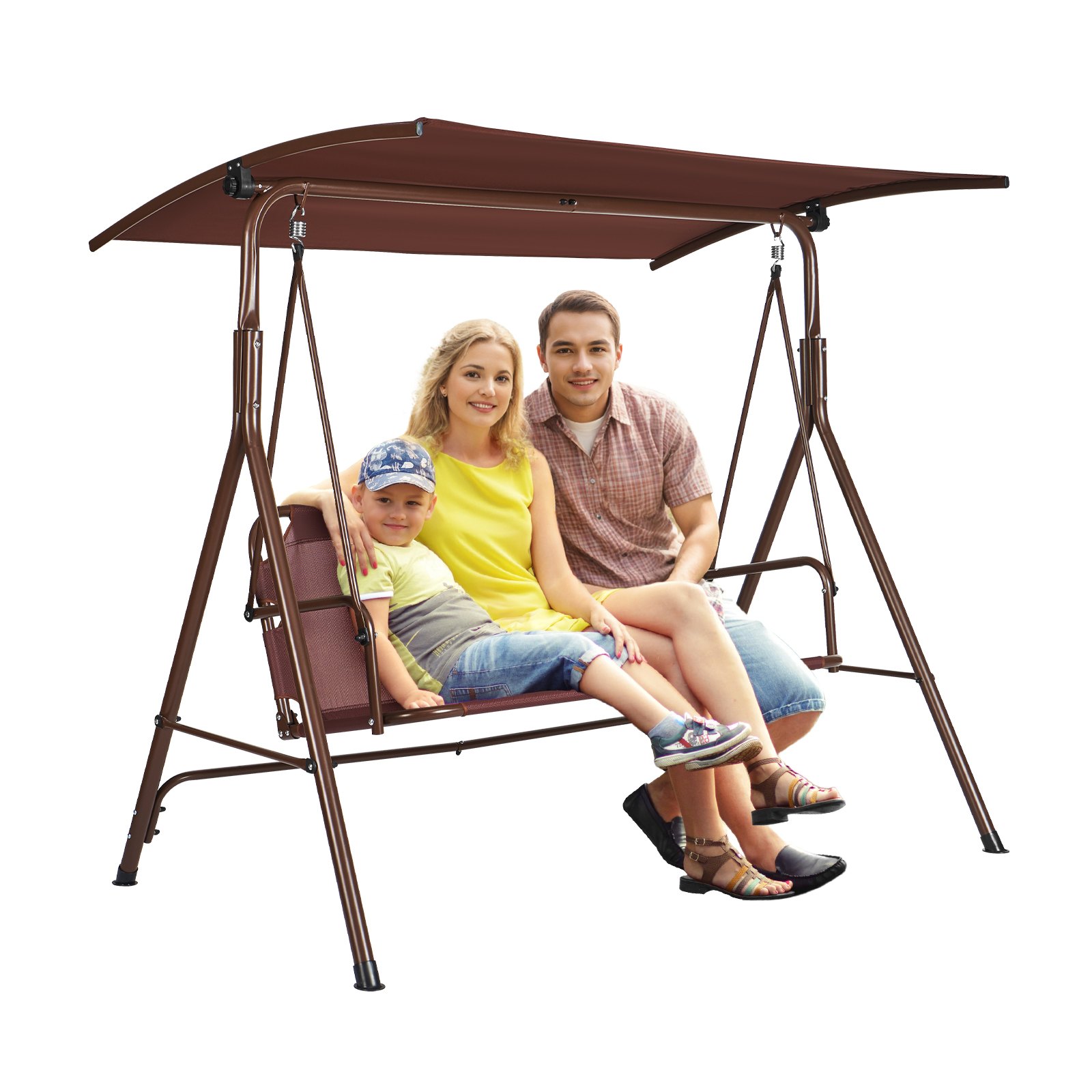 VEVOR 3-Person Patio Swing, Outdoor Swing with Adjustable Canopy, Armrests, Teslin Fabric and Alloy Steel Frame for Balcony, Backyard, Garden, Poolside, Brown