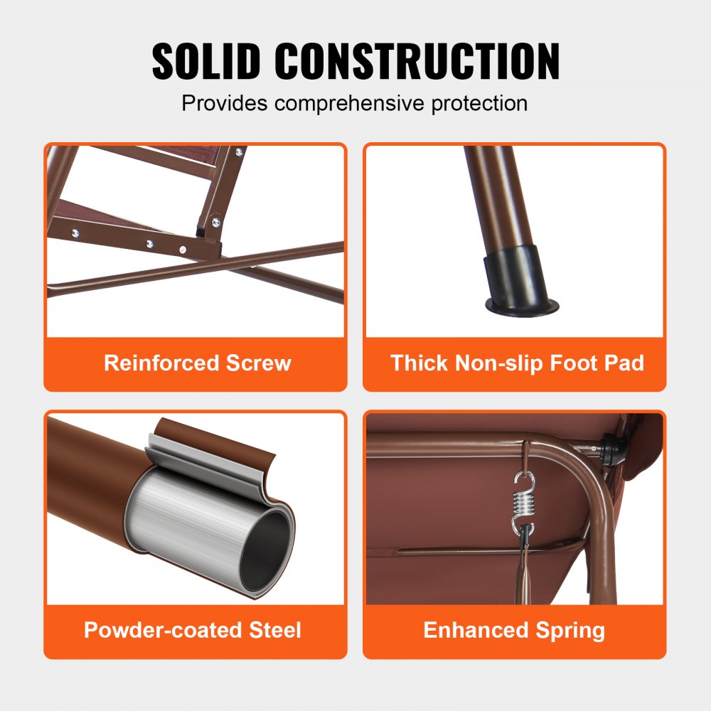 VEVOR 3-seater patio swing chair, Hollywood swing with adjustable canopy, veranda swing with armrests, Teslin fabric and alloy steel frame for balcony, backyard, patio, garden, brown