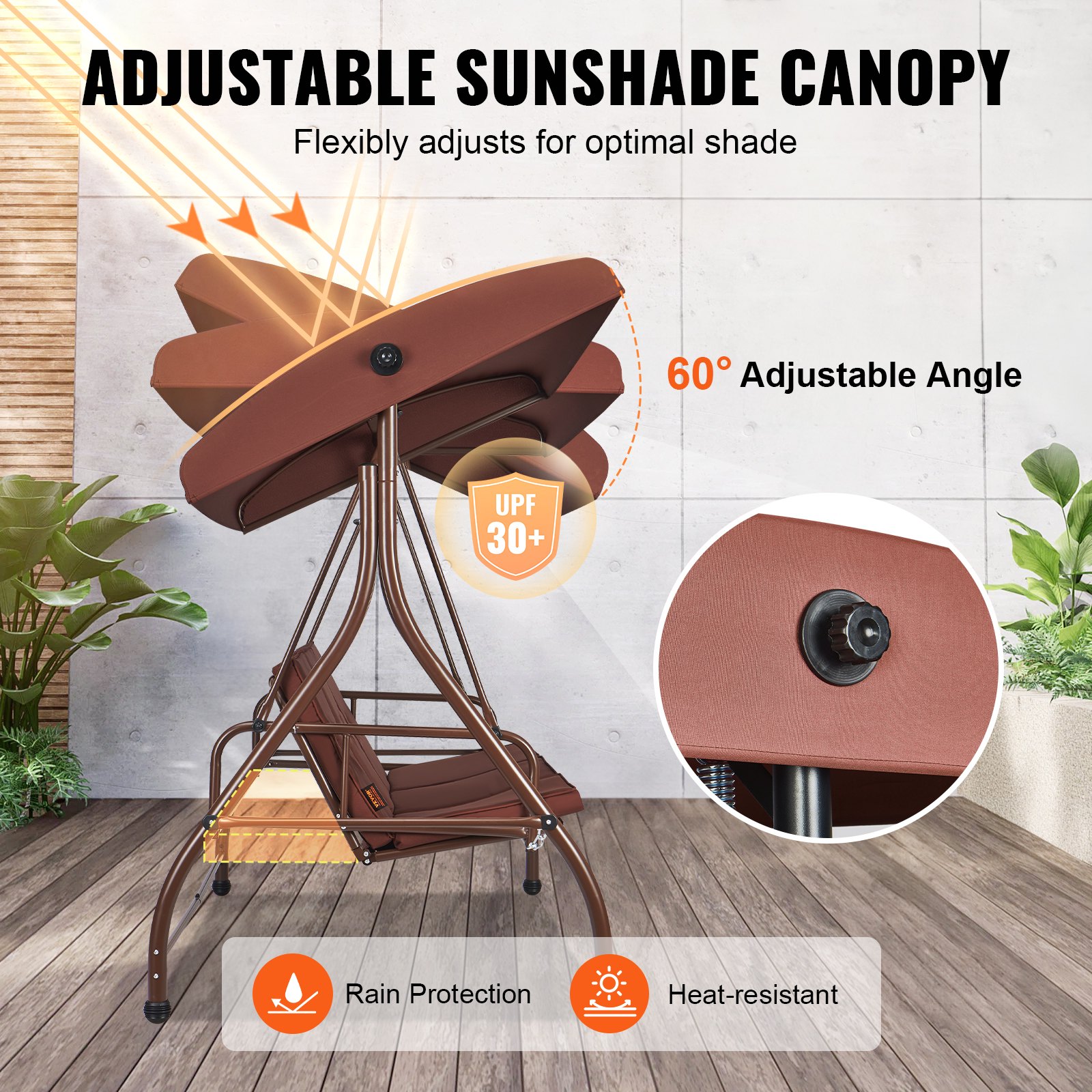 VEVOR 3-seater patio swing chair, Hollywood swing, patio veranda with adjustable canopy, removable cushion and alloy steel frame, for balcony, backyard, poolside, brown