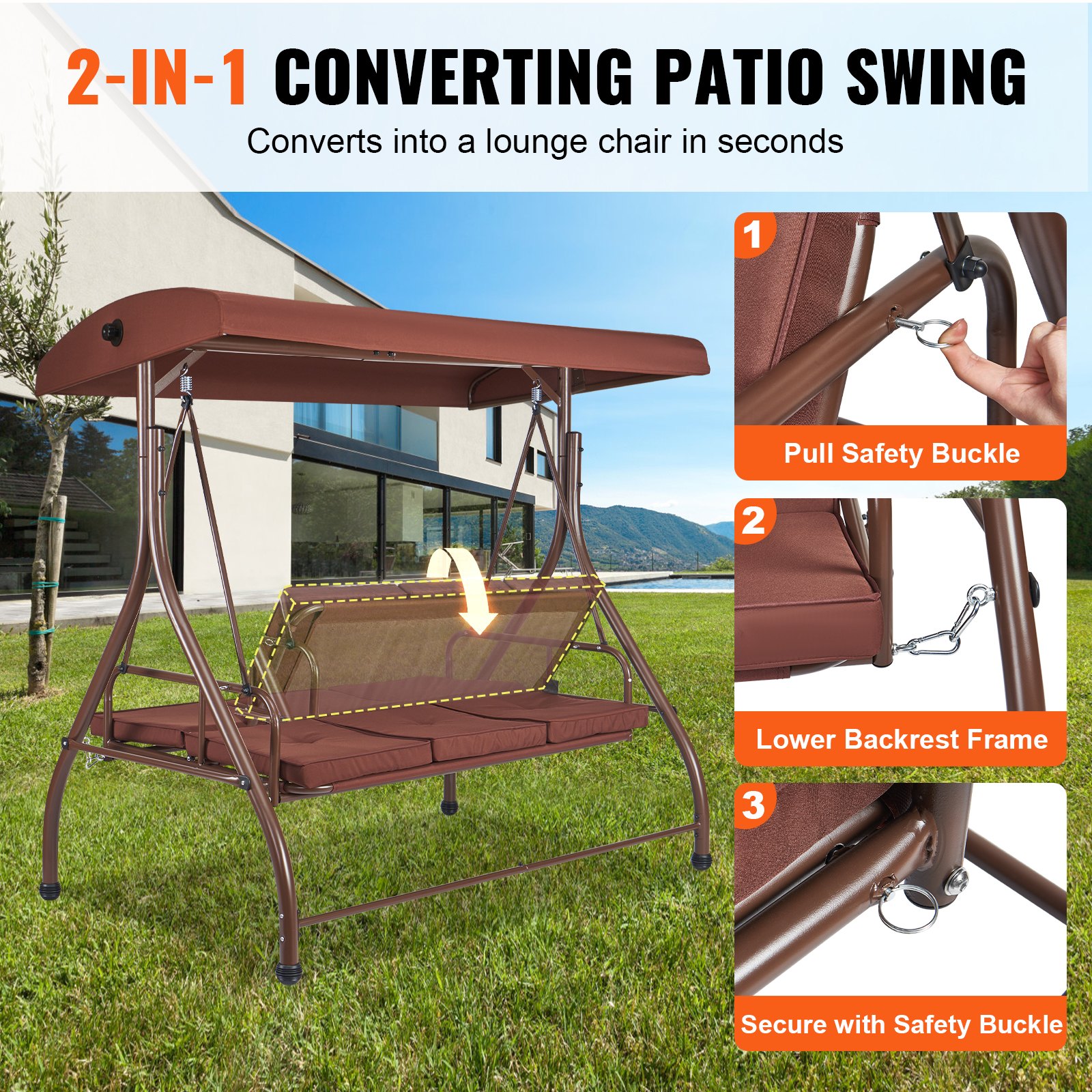 VEVOR 3-seater patio swing chair, Hollywood swing, patio veranda with adjustable canopy, removable cushion and alloy steel frame, for balcony, backyard, poolside, brown