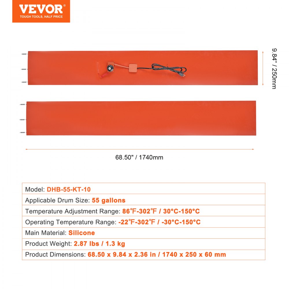 VEVOR Riscaldatore per fusti in metallo 1200 W per fusti da 55 galloni, Larghezza 250 mm, Termostato regolabile 30°C-150°C, Cintura riscaldante per fusti per grasso al silicone, Arancione