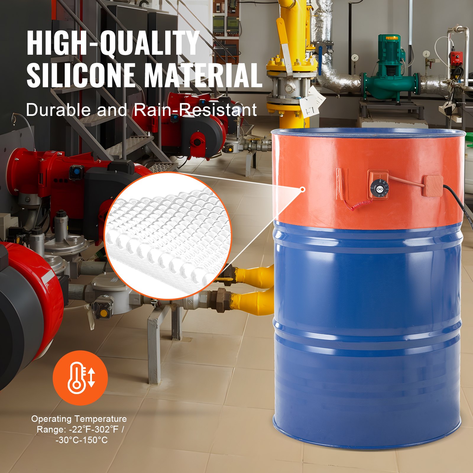 VEVOR Riscaldatore per fusti in metallo 1200 W per fusti da 55 galloni, Larghezza 250 mm, Termostato regolabile 30°C-150°C, Cintura riscaldante per fusti per grasso al silicone, Arancione