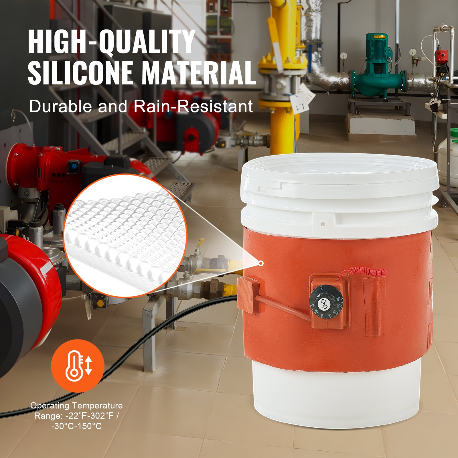 VEVOR Riscaldatore per fusti in metallo, 800 W, Cintura riscaldante da 5 galloni, Larghezza 200 mm, Termostato regolabile 30°C-150°C, Cintura riscaldante per fusti per grasso al silicone, Arancione